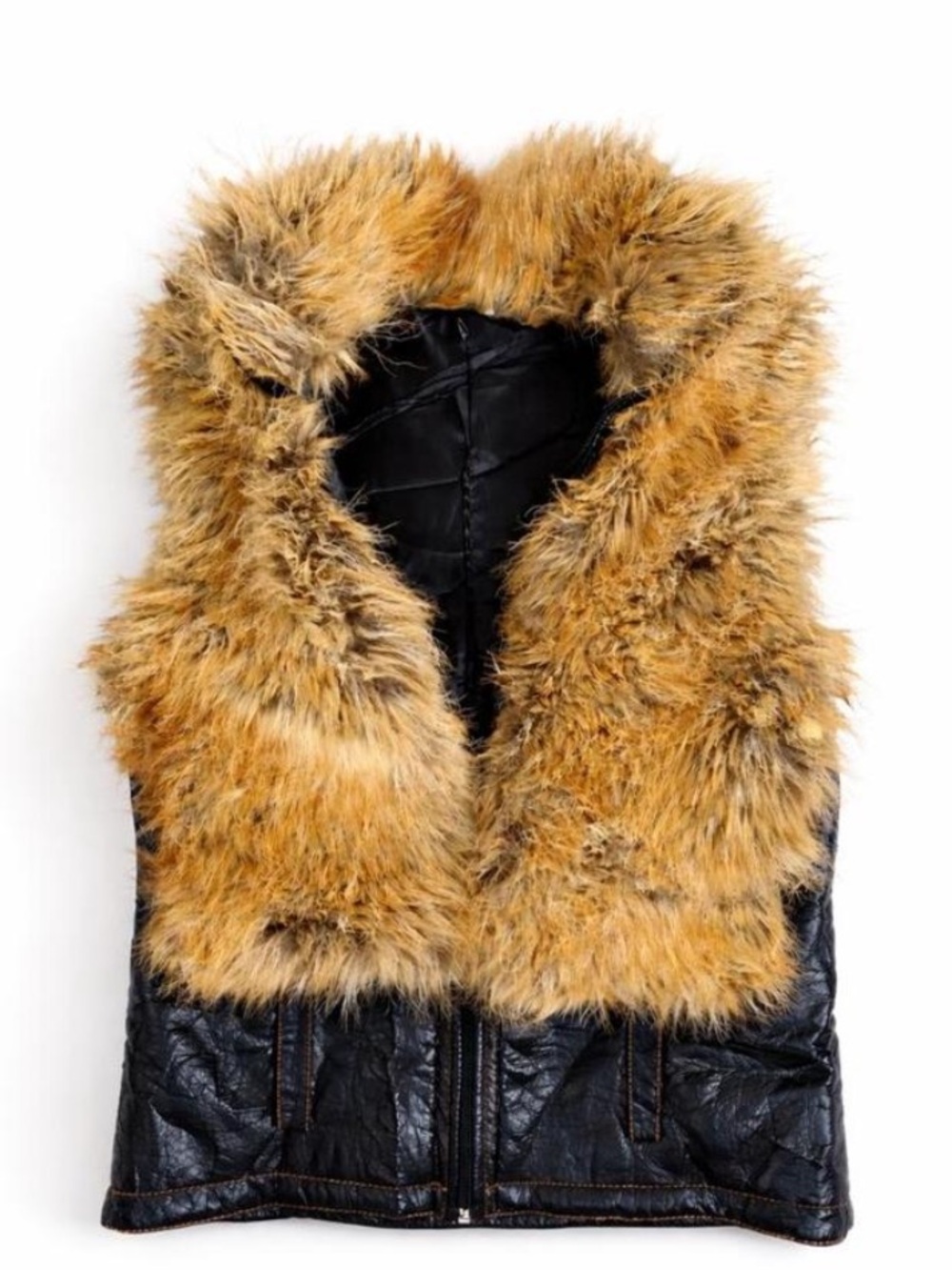 Womens Faux Fur Hooded Vest - Black with Tan Fur